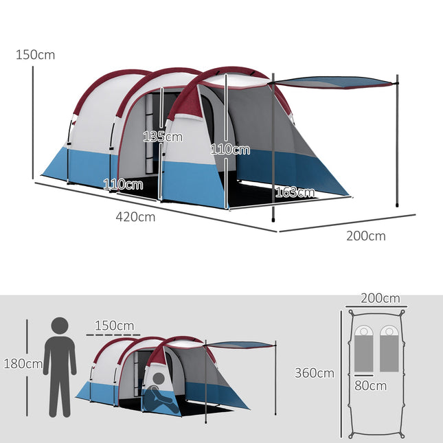Camping tunnel tent for 3 people - windproof, 2 rooms