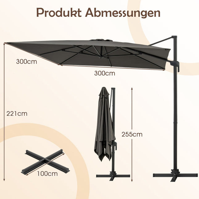 Cantilever Patio Umbrella 300x300 cm, 360 Rotation