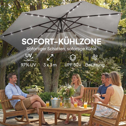 Cantilever Patio Umbrella, 3x3m, Solar LED Lights, UV-Resistant