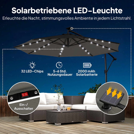 Cantilever Patio Umbrella, 3x3m, Solar LED, UV Resistant