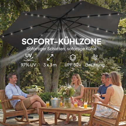 Cantilever Patio Umbrella, 3x3m, Solar LED, UV Resistant