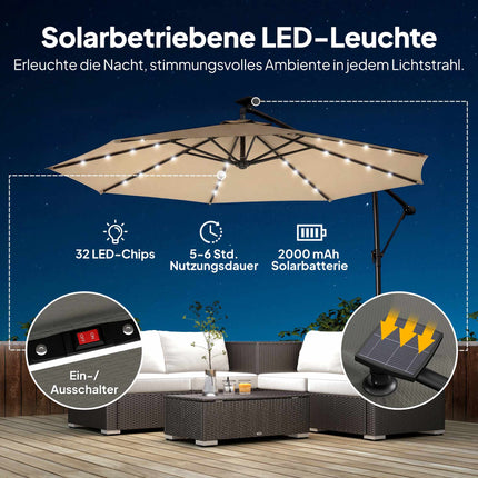 Cantilever Patio Umbrella with LED, 3x3m, Beige