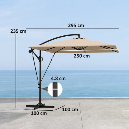 Zweefparasol Ø260 cm parasol met UV bescherming 50+ waterafstotend parasolparaplu met standaard, hoes, slinger, windslot, marktparaplu kantelbare tuinparasol voor balkonterras kaki Aosoom