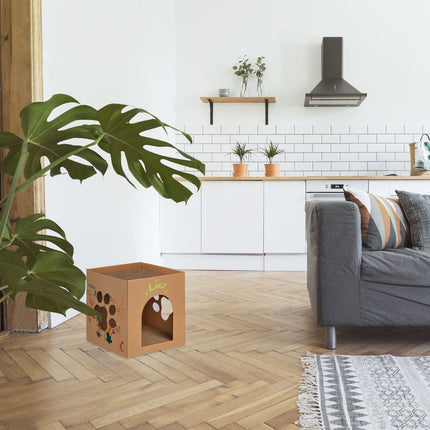 Cardboard cat house with scratching board