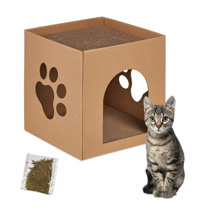 Cardboard cat house with scratching board