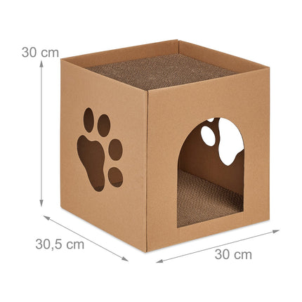 Cardboard cat house with scratching board