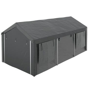 Adjustable steel carport canopy with mesh window, dark grey