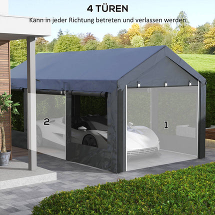 Adjustable steel carport canopy with mesh window, dark grey