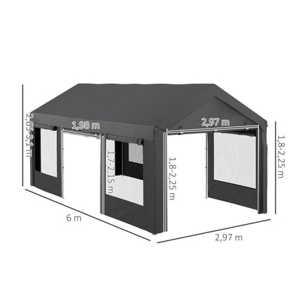 Adjustable steel carport canopy with mesh window, dark grey