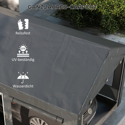Adjustable steel carport canopy with mesh window, dark grey
