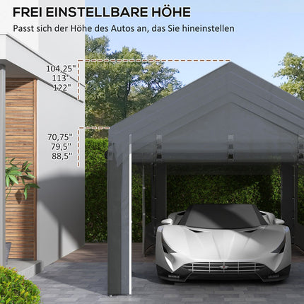 Adjustable steel carport canopy with mesh window, dark grey