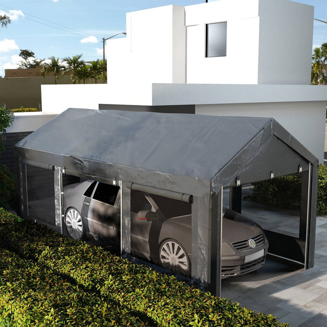 Adjustable steel carport canopy with mesh window, dark grey