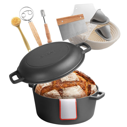 Cast Iron Dutch Oven 5QT, 2-in-1 Skillet Lid
