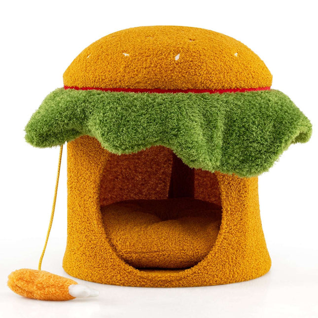 Cat Bed Cave, Hamburger Shape, Plush Cushion, Orange