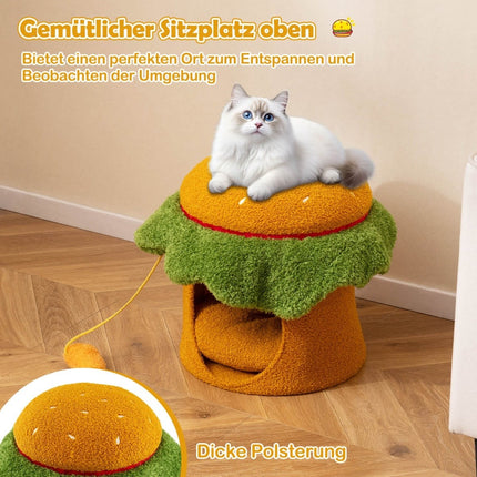 Cat Bed Cave, Hamburger Shape, Plush Cushion, Orange