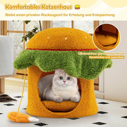 Cat Bed Cave, Hamburger Shape, Plush Cushion, Orange