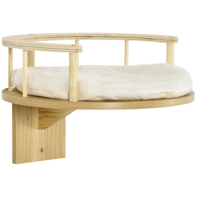 Wall-hung cat bed with cushion, oak & cream