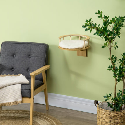 Wall-hung cat bed with cushion, oak & cream
