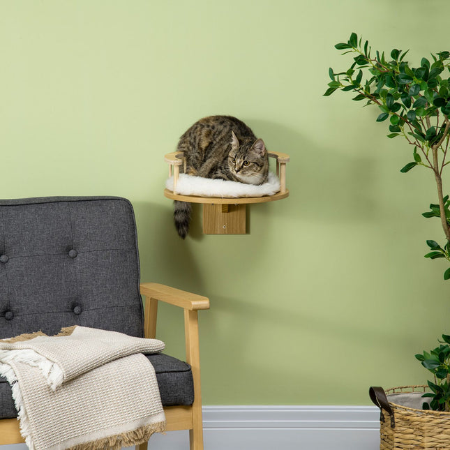 Wall-hung cat bed with cushion, oak & cream