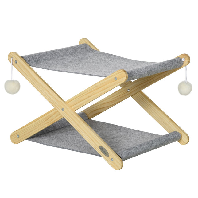 Foldable 2-level pine cat bed with toy ball
