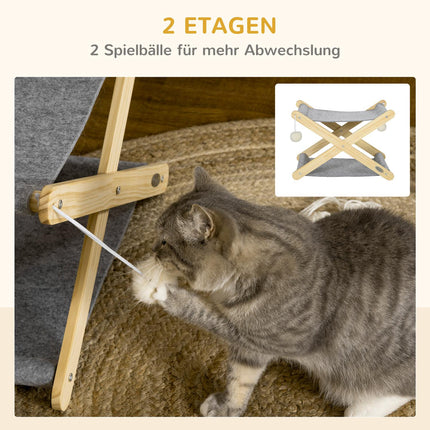 Foldable 2-level pine cat bed with toy ball