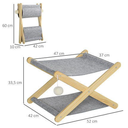 Foldable 2-level pine cat bed with toy ball