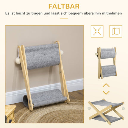 Foldable 2-level pine cat bed with toy ball