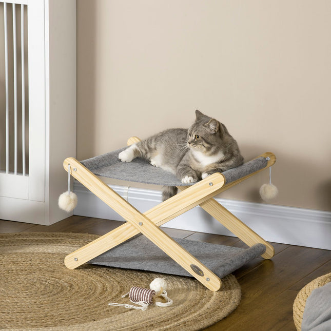 Foldable 2-level pine cat bed with toy ball