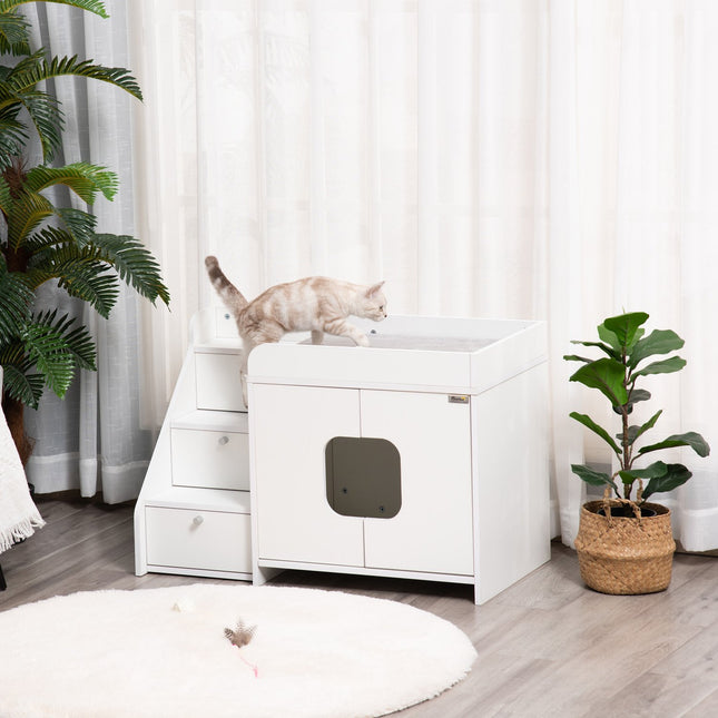 Cat litter box, hidden, white, with stairs
