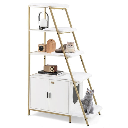 Cat Cabinet with Ladder Shelf for Litter Box, White