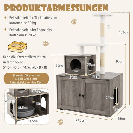 Cat Cabinet with Scratching Post for Litter Box, Gray