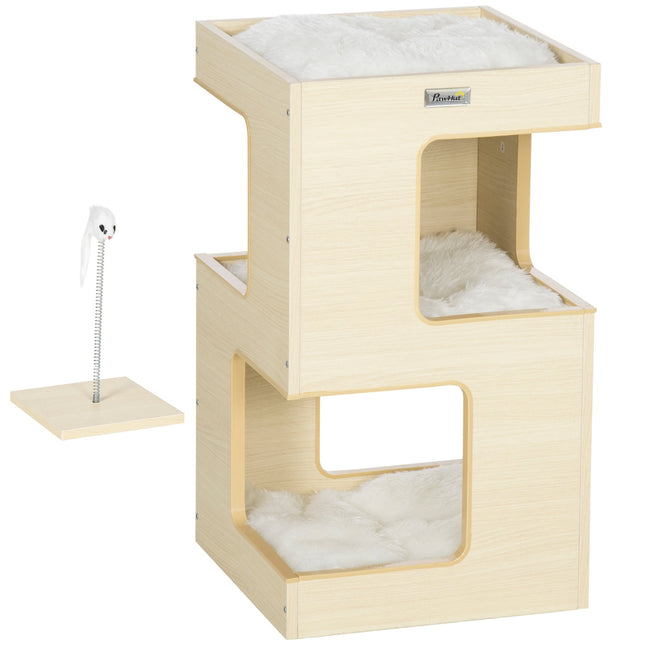 3-level indoor oak cat house with pillow and toy