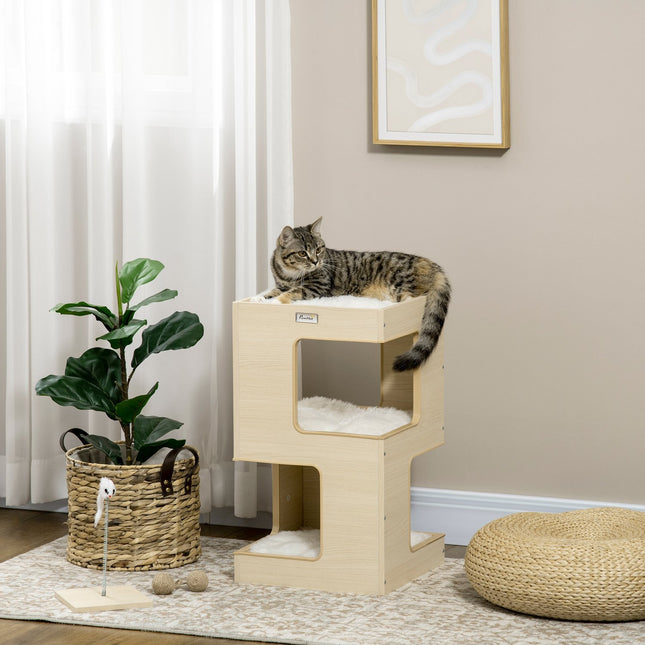 3-level indoor oak cat house with pillow and toy