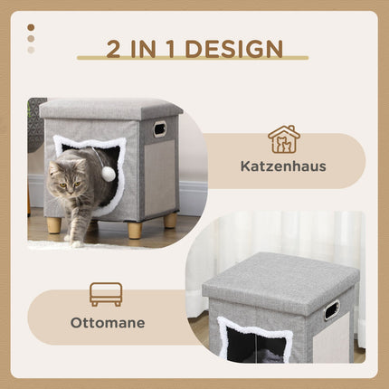 Cat Cave Ottoman with cushion and scratching ball, Anti-Slip Grey
