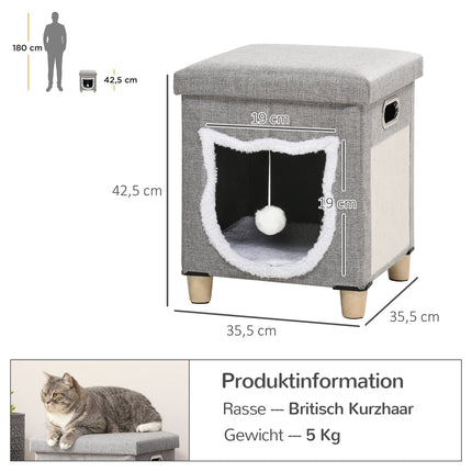 Cat Cave Ottoman with cushion and scratching ball, Anti-Slip Grey