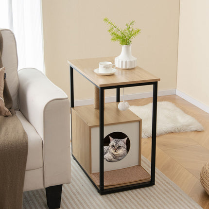 Cat Cave Side Table With Scratching Post, Removable Mat