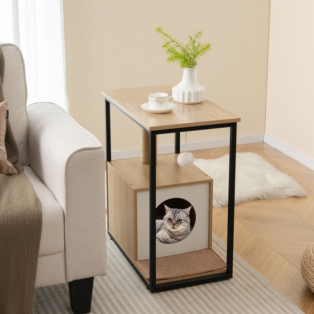 Cat Cave Side Table With Scratching Post, Removable Mat