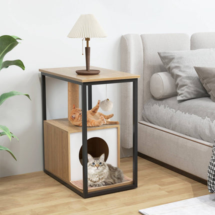 Cat Cave Side Table With Scratching Post, Removable Mat