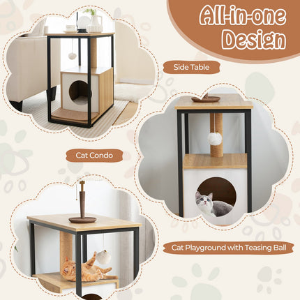 Cat Cave Side Table With Scratching Post, Removable Mat