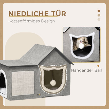 Cat cave with scratching surface, doors and padded cushion