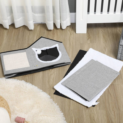 Cat cave with scratching surface, doors and padded cushion