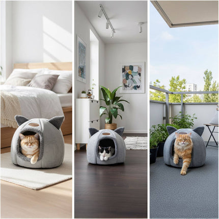 Cat Cave with Ears, Removable Cushion, Non-Slip Base