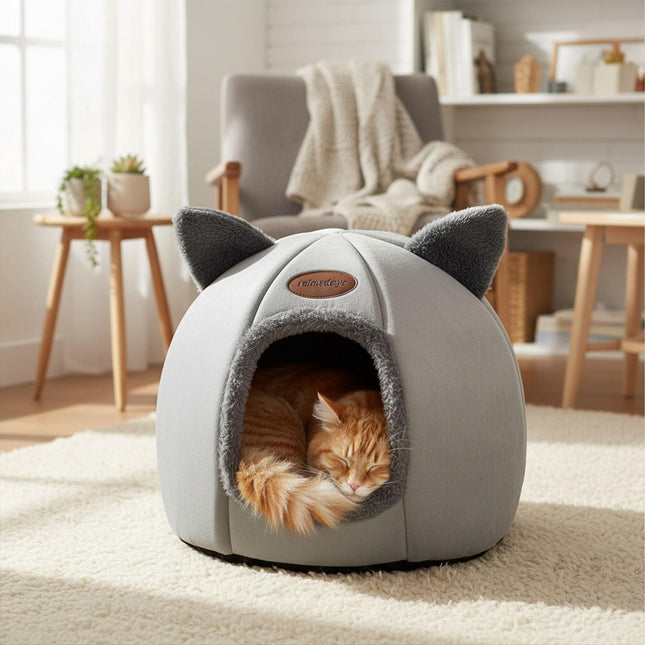 Cat Cave with Ears, Removable Cushion, Non-Slip Base