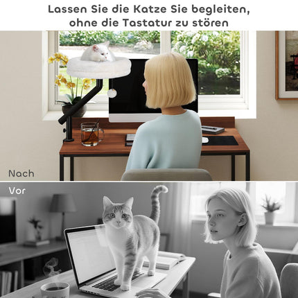 Cat Desk Bed, 360° Rotating, Adjustable Height, Cream