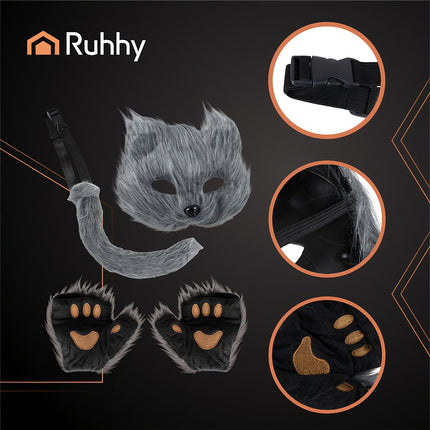 Cat/Fox Costume Set – Mask, Tail, Paws, Gray