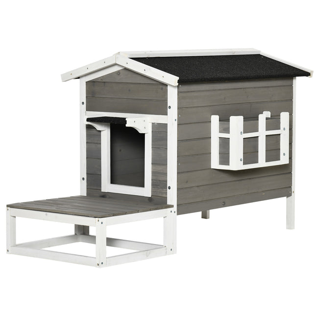 Cat house with terrace & balcony - wood, grey/white