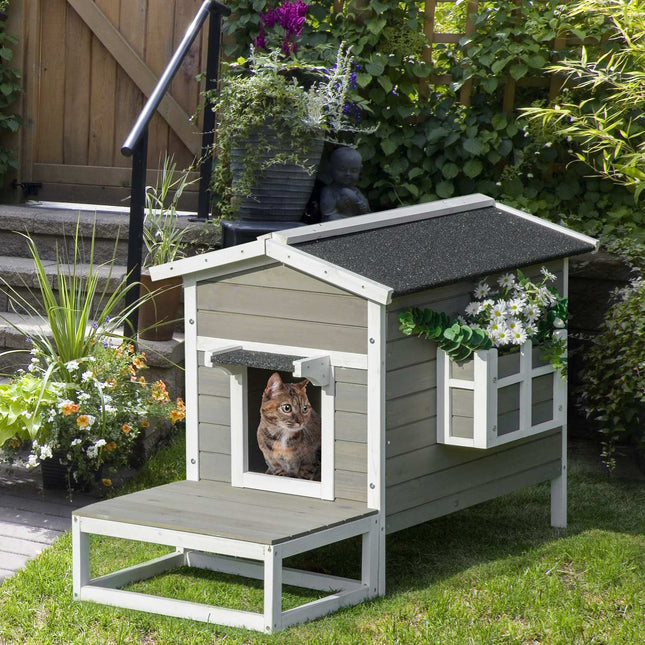 Cat house with terrace & balcony - wood, grey/white