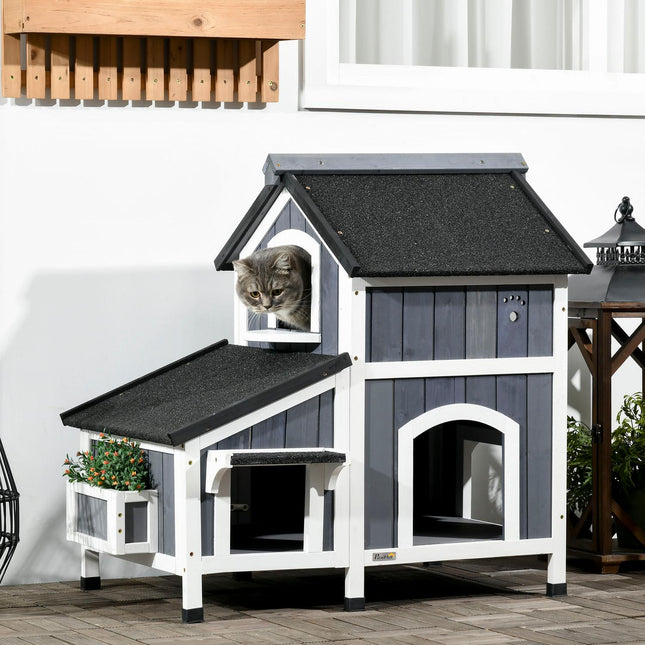 Outdoor cat house, spruce wood, 2 stories, asphalt roof