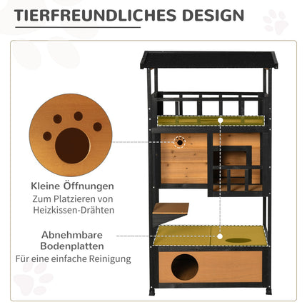 Outdoor Winterproof Spruce Wood Cat House - 4 Levels & Stairs