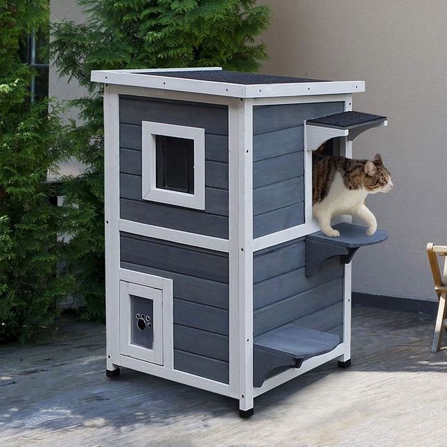 Gray wooden cat house with stairs and windows, 2 floors